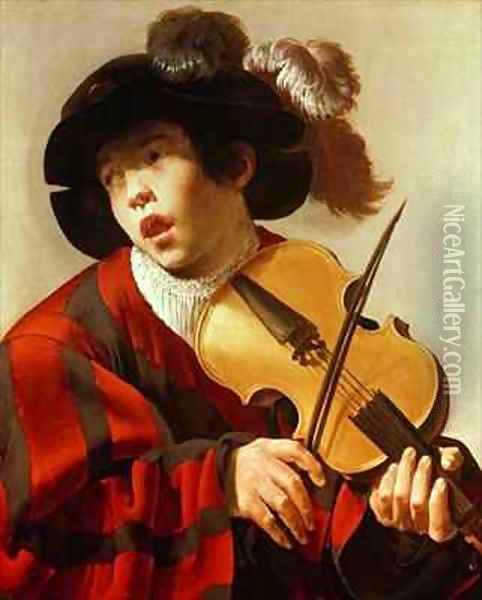 Boy Playing Stringed Instrument and Singing Oil Painting - Hendrick Ter Brugghen