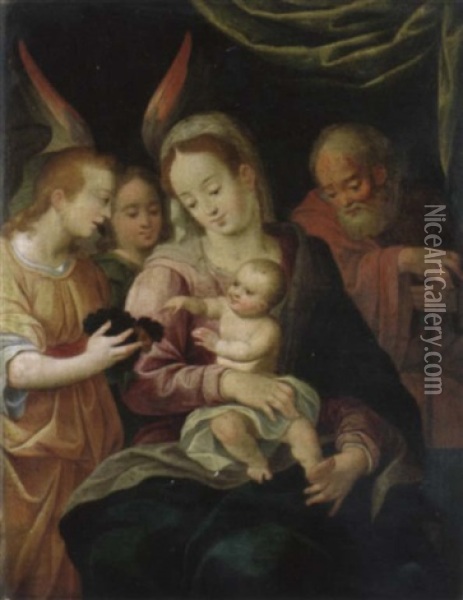 Die Heilige Familie. Ein Engel Reicht Dem Jesusknaben Eine Weintraube Oil Painting - Denys Calvaert
