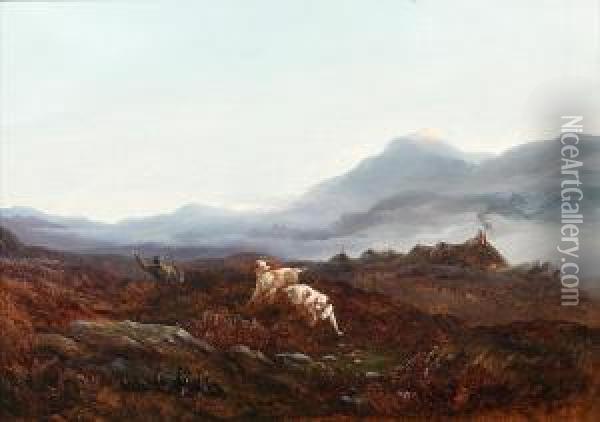 Highland Scene With Huntsman And Dogs Flushing Out Grouse Oil Painting - Joseph Thomas Tuite