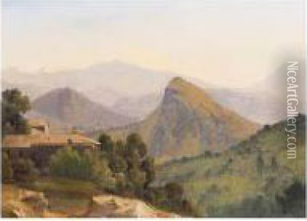 An Italianate Landscape With A Farmhouse, Mountains Beyond Oil Painting - Jean-Joseph-Xavier Bidauld