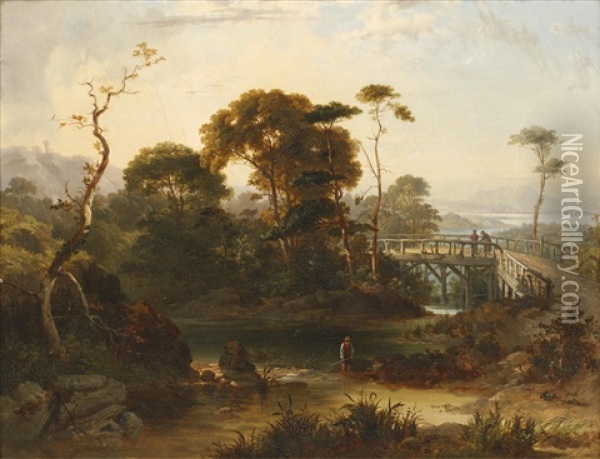 River Landscape With A Wooden Bridge Oil Painting - Frederick Lee Bridell