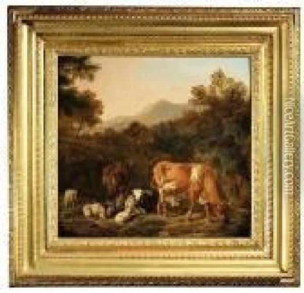 Italian Rocky Landscape With Cattle And Sheep Oil Painting - Johan Heinrich Roos