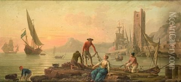 A Mediterranean Harbour Oil Painting - Charles Francois Lacroix