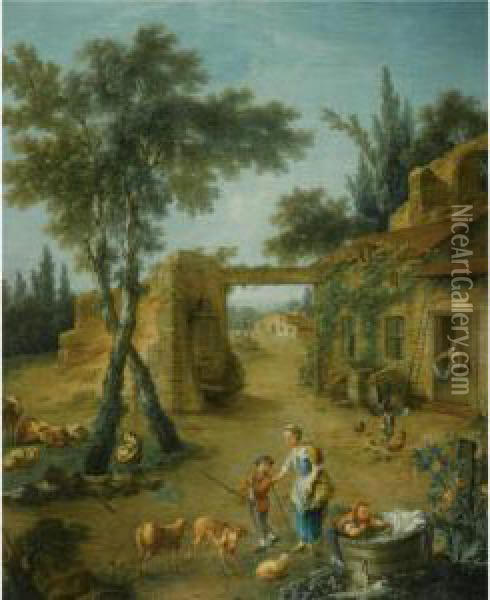 A Young Shepherdess And Children In A Farmyard Oil Painting - Nicolas-Jacques Juliard