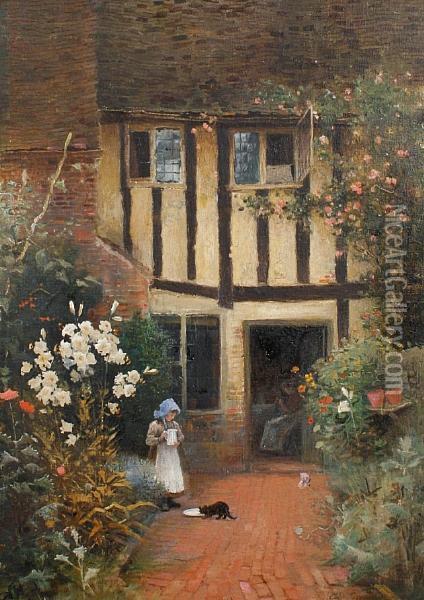 A Girl Feeding A Cat Outside A Cottage Oil Painting - Arthur Claude Strachan