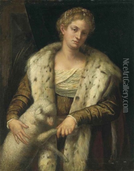 Portrait Of A Lady As Saint Agnes In A Brown Dress With Fur A Collar Oil Painting -  Moretto da Brescia