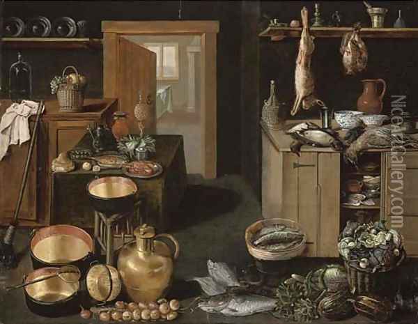 A kitchen interior with dead game on a wooden ledge Oil Painting - School Of Antwerp