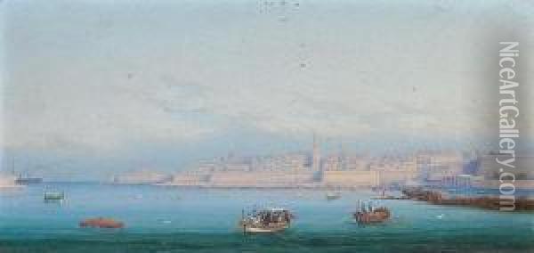 Valletta From Marsamxett Harbour Oil Painting - Girolamo Gianni
