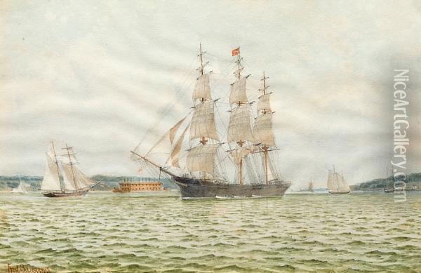 A Clipper Ship Entering New York Harbor Oil Painting - Frederick Schiller Cozzens