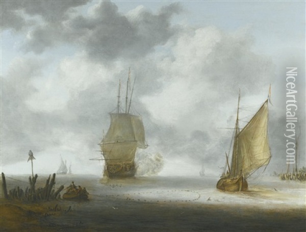 A Calm Sea With A Man Of War And A Fishing Boat Oil Painting - Julius Porcellis