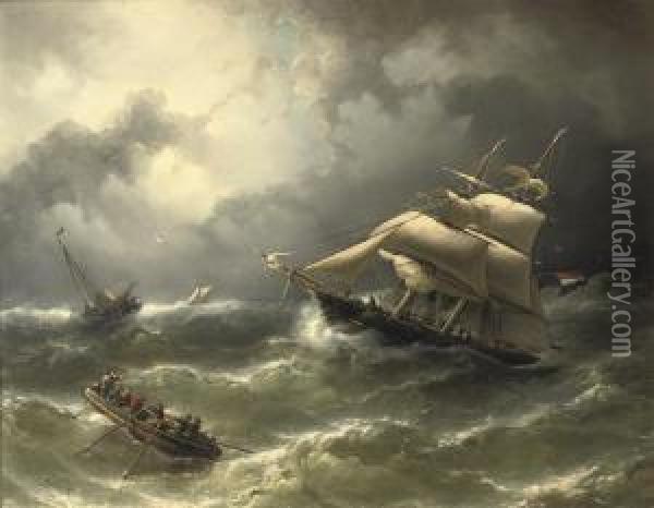 A Two-master Caught In Stormy Weather Oil Painting - Nicolaas Riegen