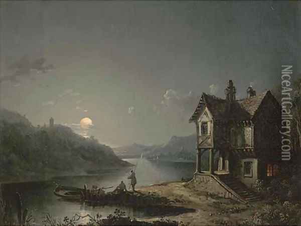 Anglers along a moonlit river Oil Painting - Sebastian Pether
