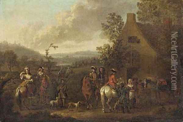 A landscape with an elegant hunting party before an inn Oil Painting - Dirck Maas