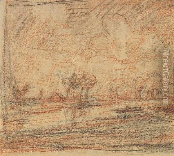 Landscape With Trees. Charcoal And Red Chalk On Paper. - Minimally Stained Oil Painting - Otto Modersohn