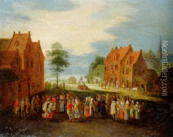 Peasant Merrymaking On A Village Street Oil Painting - Peter Gysels