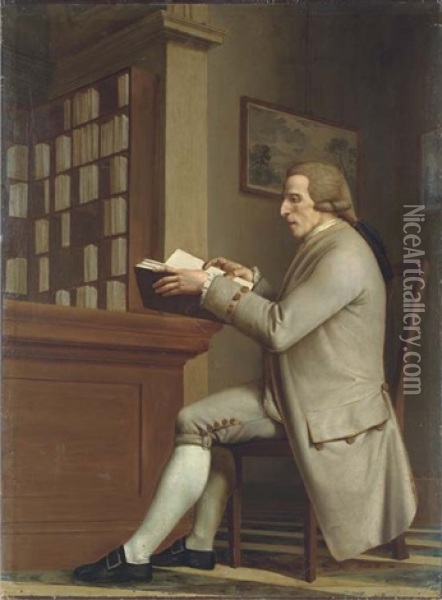Portrait Of A Gentleman, Identified As Sir William Hamilton, Seated At A Desk, In A Beige Coat And Breeches, Reading A Book, With A Library Beyond Oil Painting - Hugh Douglas Hamilton