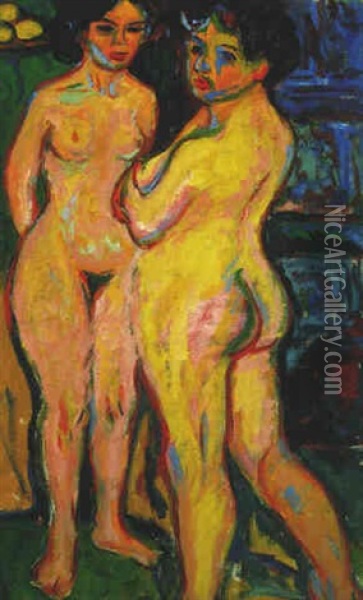 Stehendes Nacktes Madchen Am Ofen Oil Painting - Ernst Ludwig Kirchner