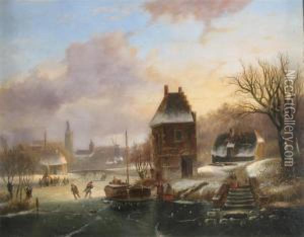 Winter Landscape With Skaters On A River Oil Painting - Johannes Petrus van Velzen