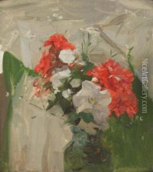 Still Life - Bottle Neck Vase Of Flowers Oil Painting - Frank Bramley