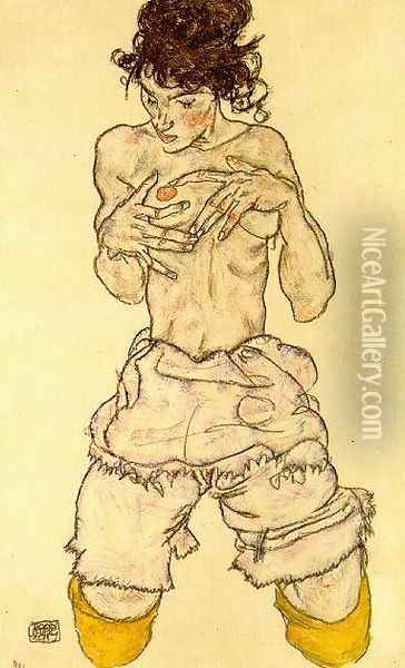 Woman touching her breast Oil Painting - Egon Schiele