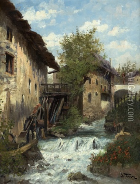 Austrian Village With Stream Oil Painting - John Fery