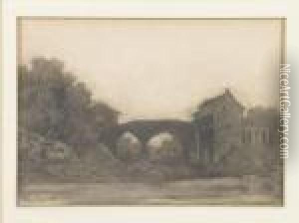 Landschaftspartie Mit Hausern Und Steinbrucke. Oil Painting - Jean-Baptiste-Camille Corot