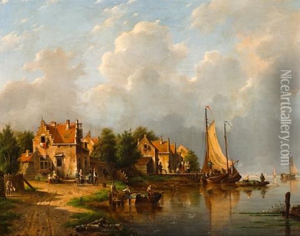 A River Scene With A Fishing Village Oil Painting - Adrianus David Hilleveld