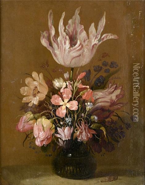 Tulips, Roses And Other Flowers In A Glass Vase With A Snail, On A Table Top Oil Painting - Hans Bollongier