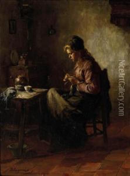 Interieur Met Breiend Meisje: Peasantgirl Knitting Oil Painting - Baruch Lopez De Leao Laguna