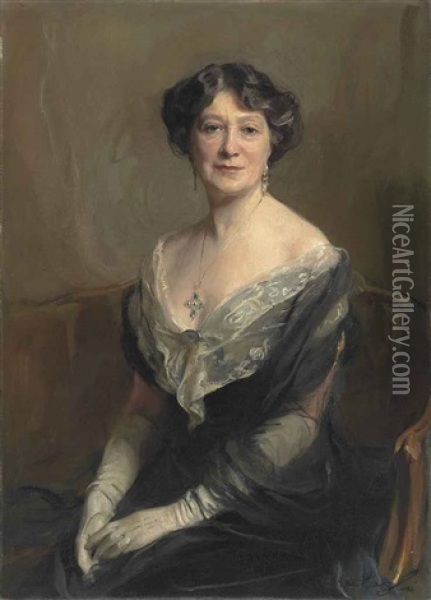 Portrait Of Mrs Lockett Agnew, Half-length, Seated In A Black Evening Dress Oil Painting - Philip Alexius De Laszlo