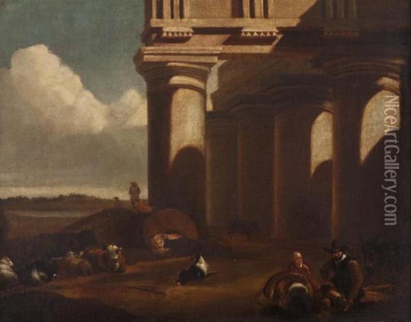 Figures And Cattle Resting By Columns Oil Painting - Nicolaes Berchem