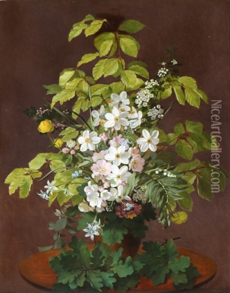 Still Life With A Bouquet Of Apple Blossoms And Narcissus Oil Painting - Otto Didrik Ottesen