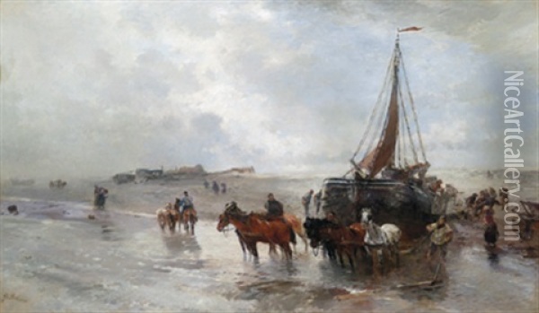Beim Flottmachen Eines Fischerbootes In Holland Oil Painting - Gregor von Bochmann the Elder