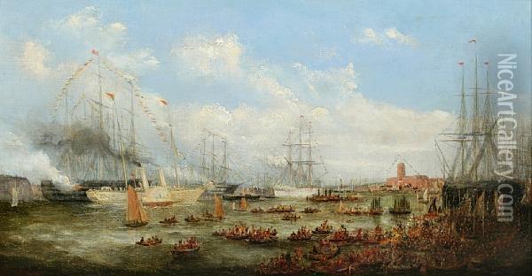 A Royal Naval Review Oil Painting - George Chambers