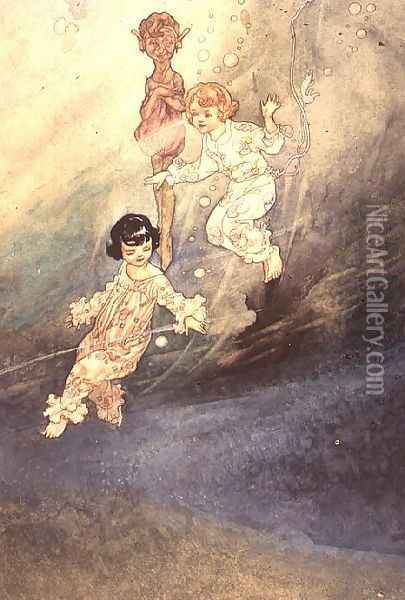Untitled Watercolour, Children Underwater with an Elf Oil Painting - Charles Robinson