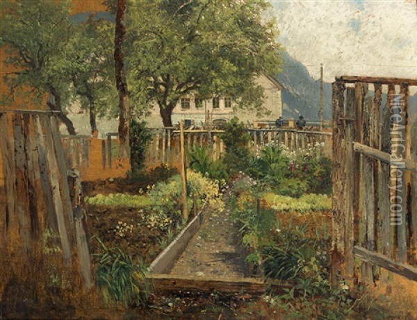 Garden In Lofer, Salzburg Oil Painting - Theodor von Hoermann