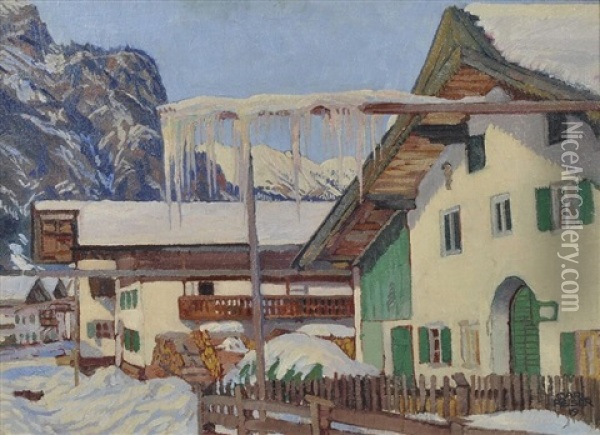 Verschneite Bauernhauser In Partenkirchen Oil Painting - Carl Reiser