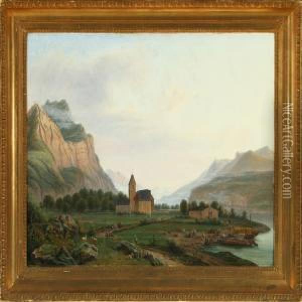 Landscape With Mountainsand Church Oil Painting - I. P. Moller