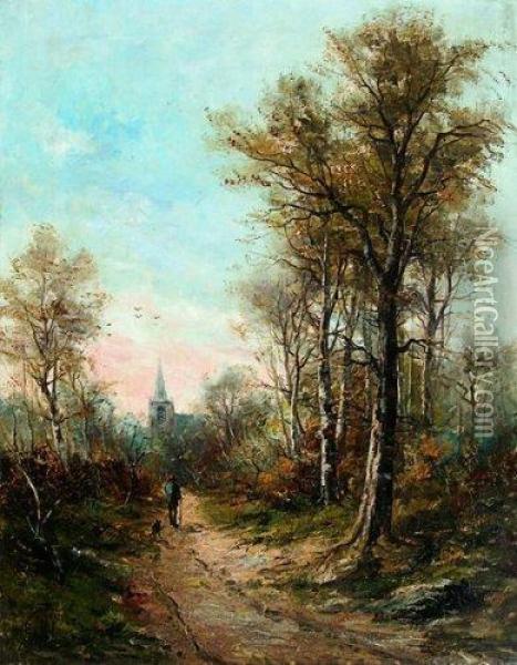 Chemin Vers L'eglise. Oil Painting - Leon Germain Pelouse