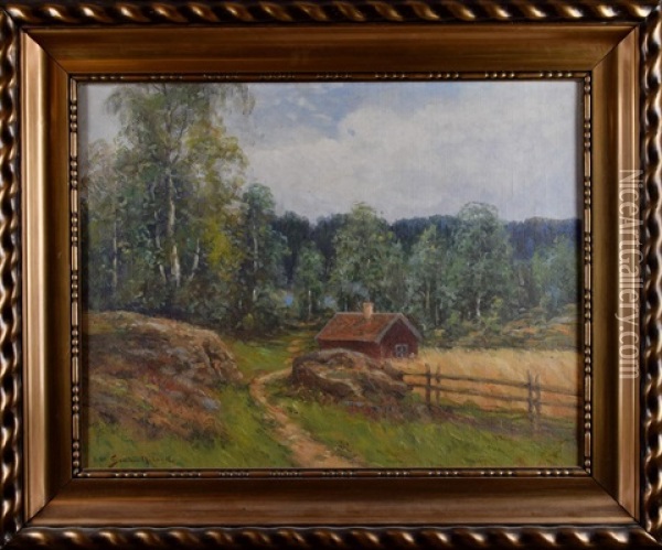 Landskapscen Med Stuga Oil Painting - Johan Severin Nilsson