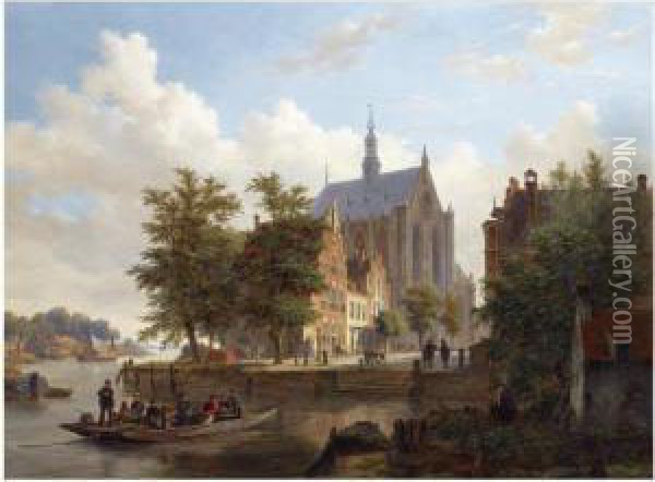 A Ferry Crossing The Binnen 
Spaarne Canal In Haarlem, The Sint Bavochurch In The Background Oil Painting - Bartholomeus J. Van Hove