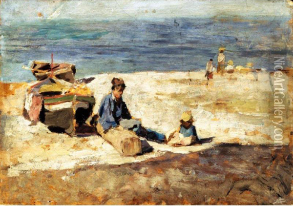 Pomeriggio Sulla Spiaggia Oil Painting - Umberto Dell'Orto