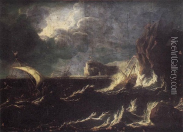 A Man O'war Being Wrecked Off A Rocky Coastline With Other Vessels In Choppy Waters Beyond Oil Painting - Matthieu Van Plattenberg