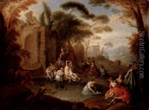 Elegant Company And Women Bathing In A Parkland Setting Oil Painting - Jean-Baptiste Pater