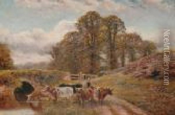 Country Landscape With Drover And Cattle, A River In The Foreground Oil Painting - William Vivian Tippet