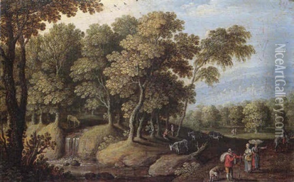 A Wooded Landscsape With Travellers Resting Beside A Pool, A Town On The Hillside Beyond Oil Painting - Marten Ryckaert