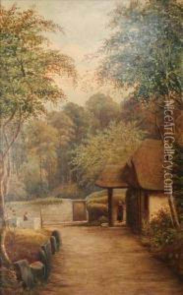 Figures Outside Acottage Oil Painting - Henry Harris