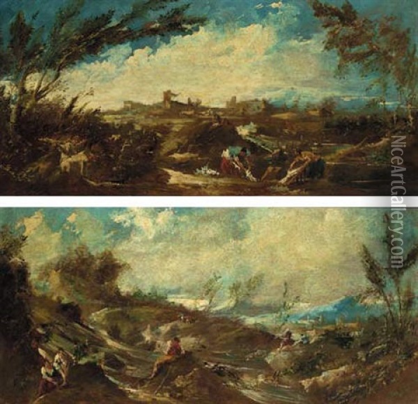 An Extensive Landscape With Washerwomen By A River Oil Painting - Alessandro Magnasco