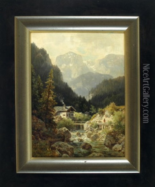 Partie Bei Berchtesgaden - Bauerin Mit Ziegen An Einem Gebirgsbach Mit Hutte Oil Painting - Ludwig Sckell