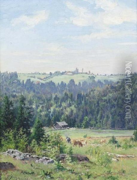 Sommerliche Alp Mit Weidenden Kuhen. Oil Painting - Edouard Jeanmaire